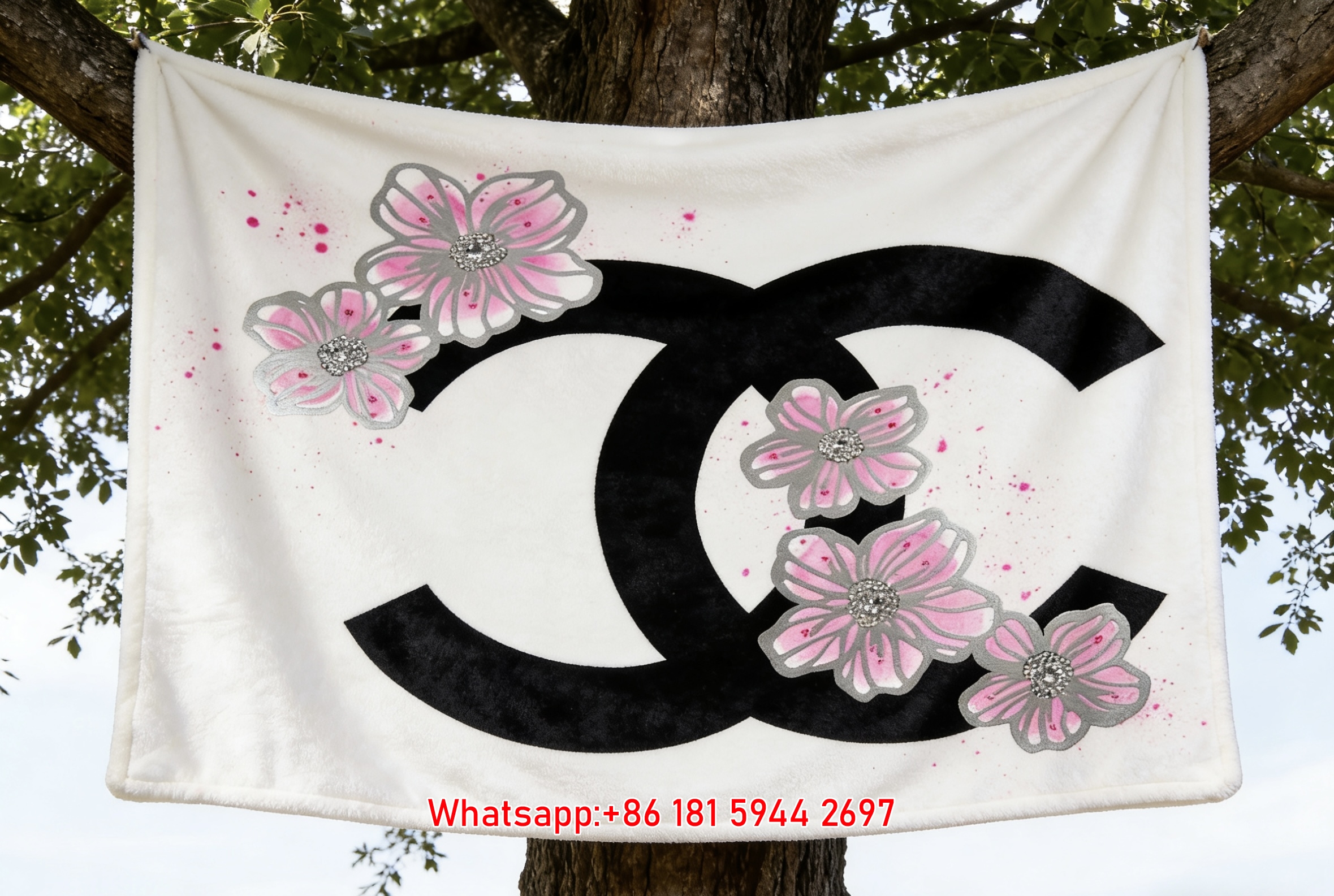 Pink Floral Chanel Double C Logo Flannel Sofa Throw Blanket IMG_6975